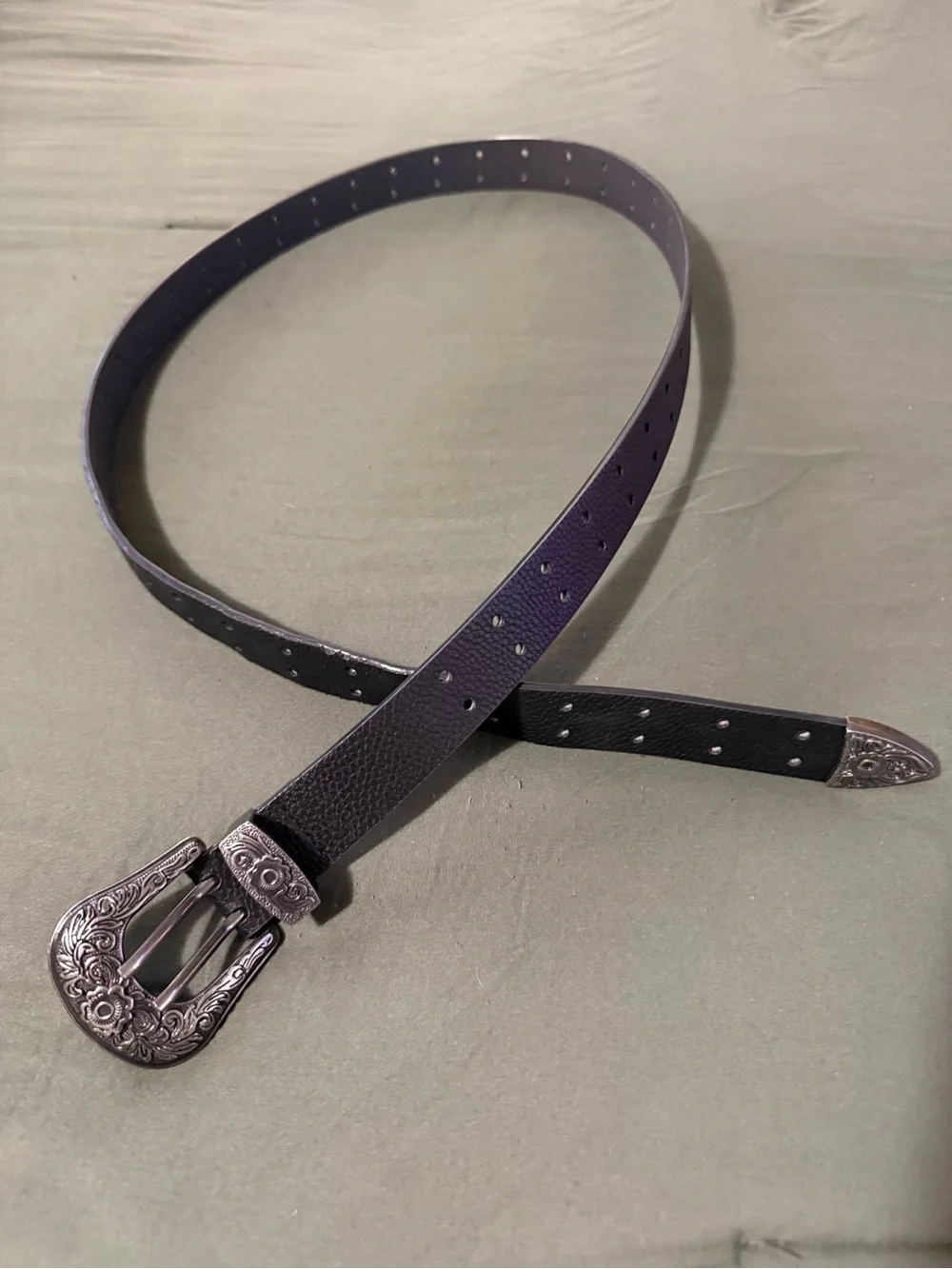 Black Western Double Prong Belt Silver Engraved Buckle